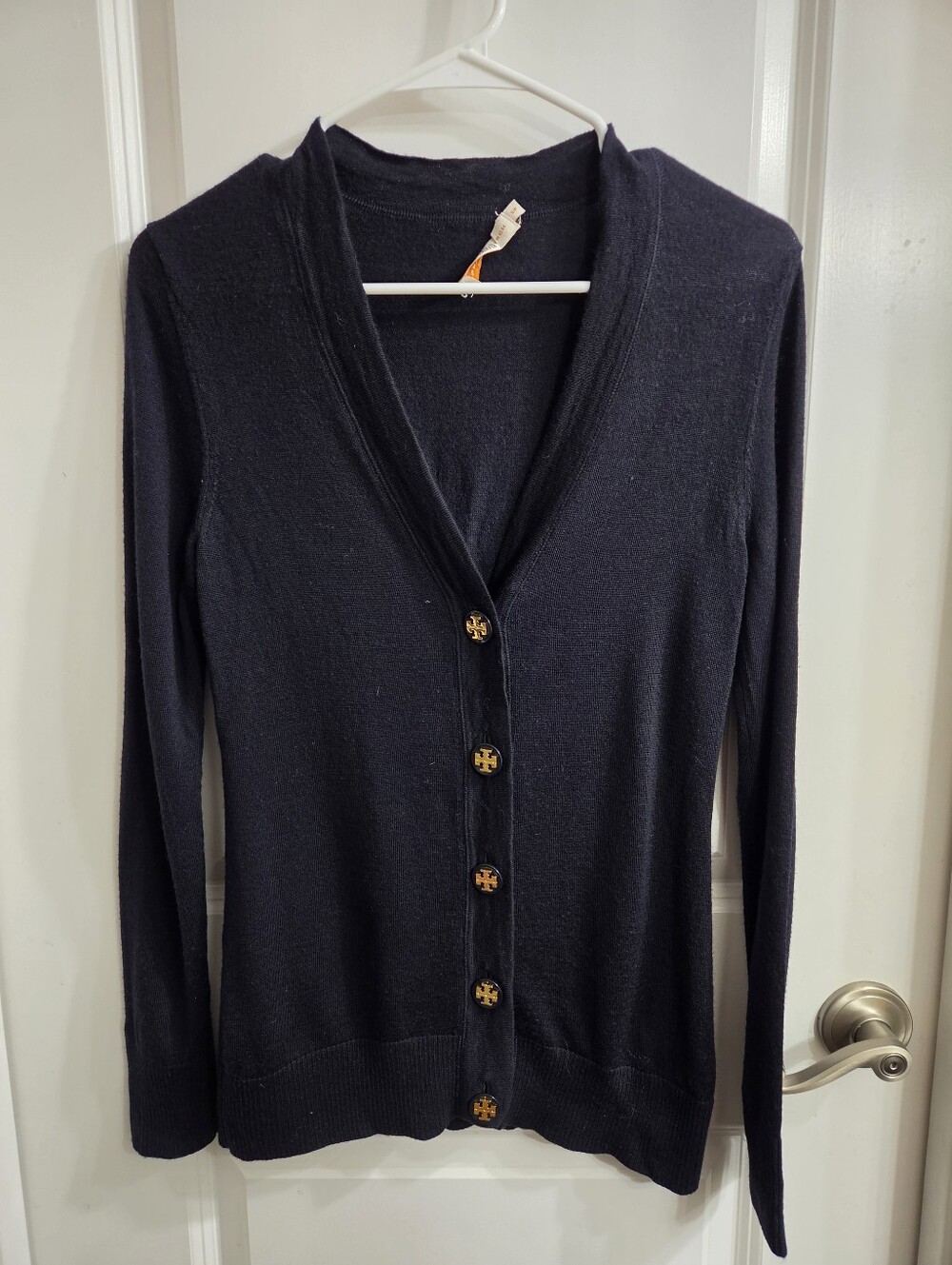 Tory Burch Simone Cardigan Womens S Black 100% Merino Wool Gold Logo Buttons